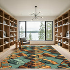 Isometric Aztec Gold and Teal Pyramids Rug