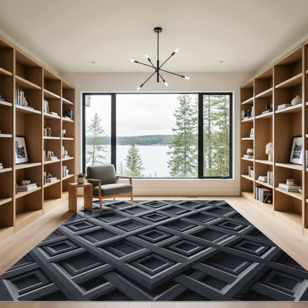 Sophisticated Charcoal Geometric Grid Rug