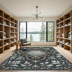 Elegant Slate Gray Ornate Damask Medallion Rug