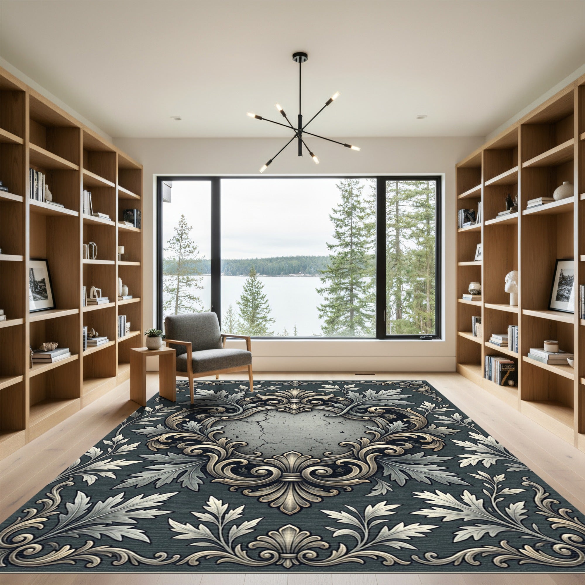 Elegant Slate Gray Ornate Damask Medallion Rug
