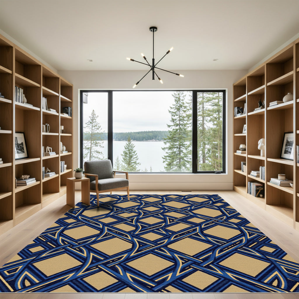 Geometric Navy and Gold Interlocking Lattice Rug