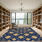 Geometric Navy and Gold Interlocking Lattice Rug