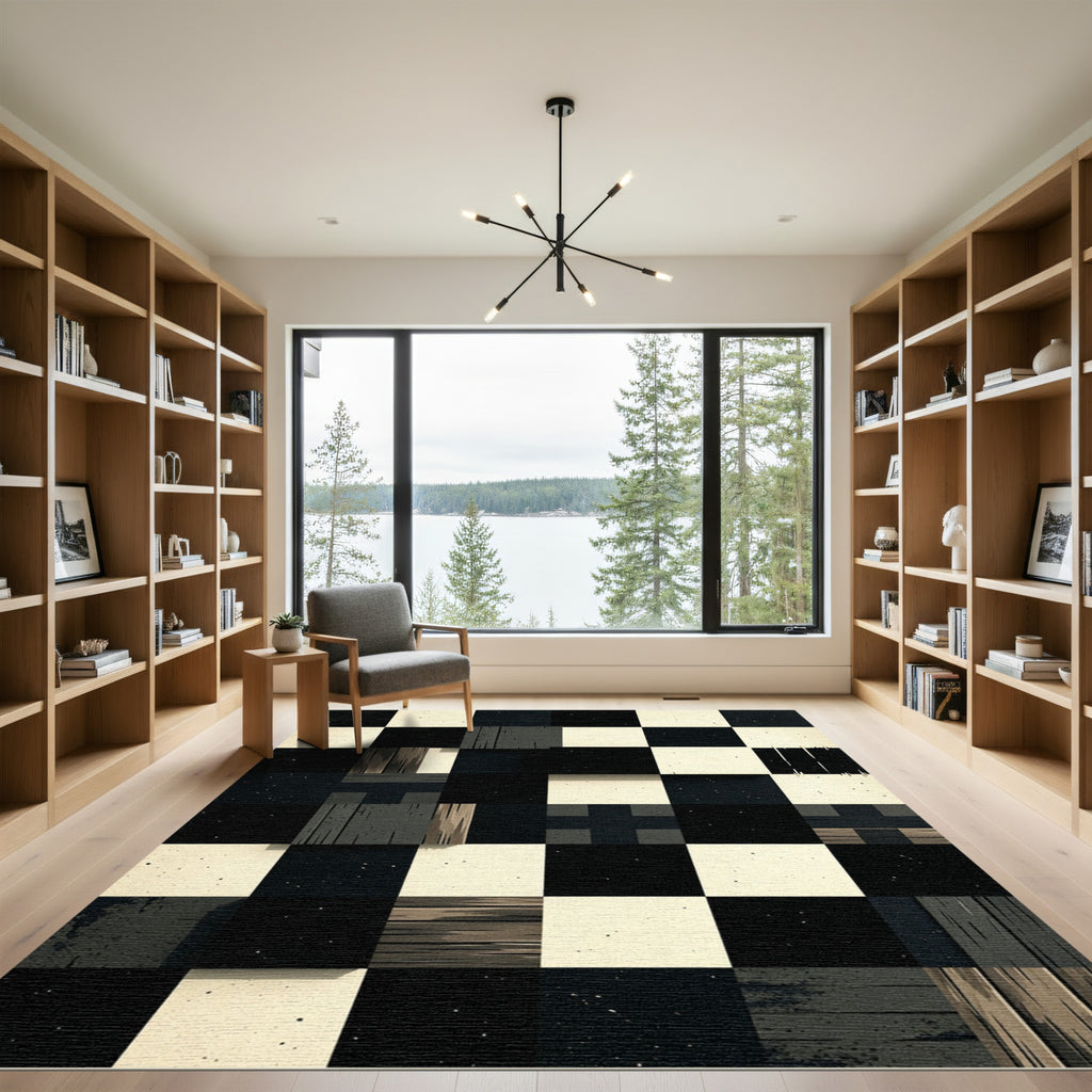 Monochromatic Textured Geometric Checkered Grid Rug
