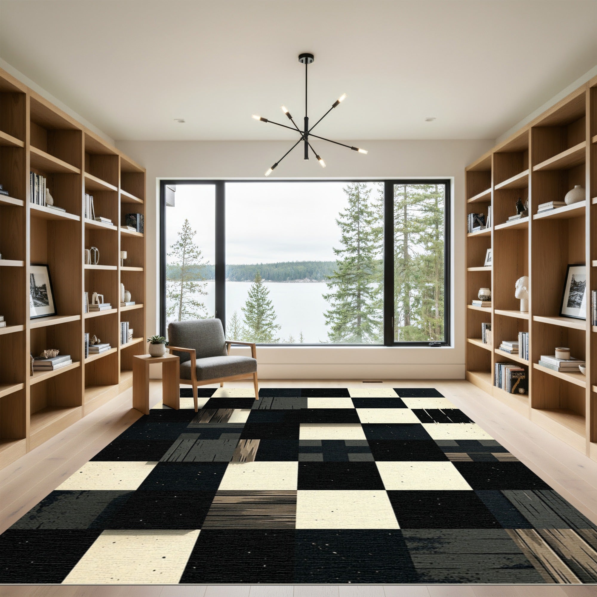 Monochromatic Textured Geometric Checkered Grid Rug