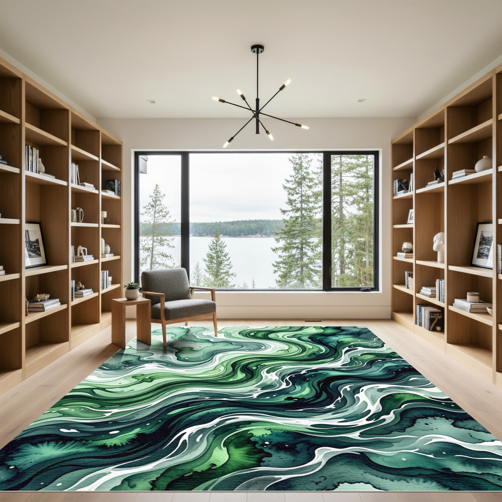 Emerald Green Abstract Ripple Flow Rug