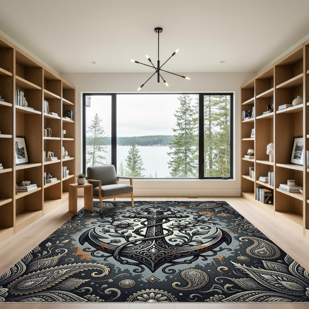 Ornate Floral Anchor Dark Grey Tapestry Rug
