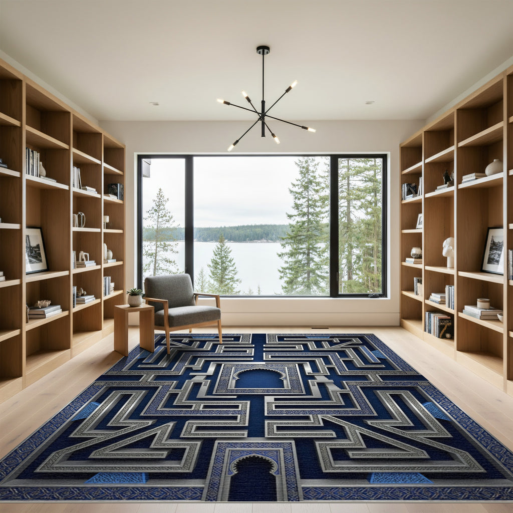 Midnight Blue Labyrinth 3D Geometric Rug