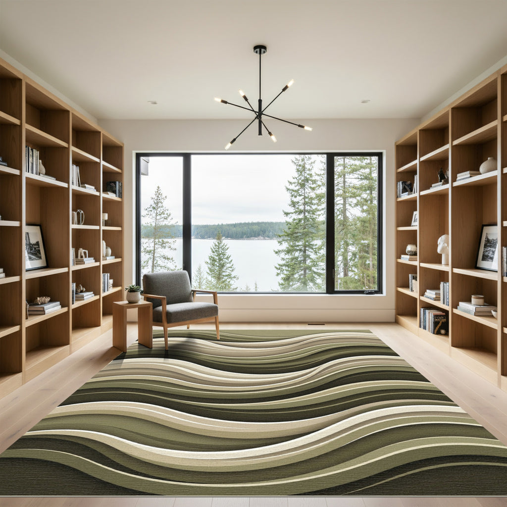 Modern Olive Green Abstract Flowing Waves Rug