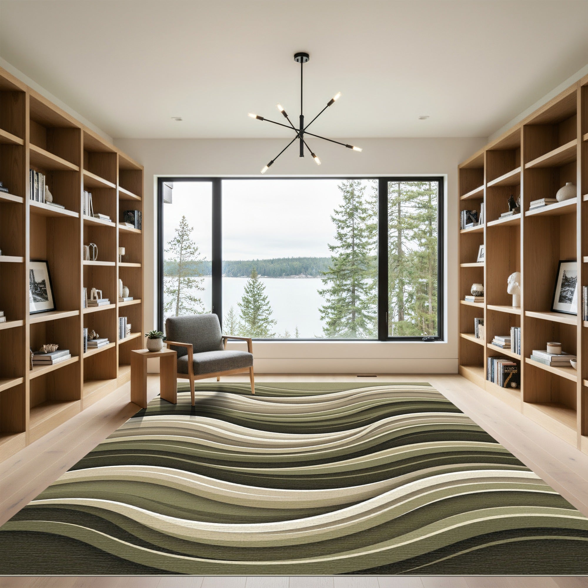 Modern Olive Green Abstract Flowing Waves Rug