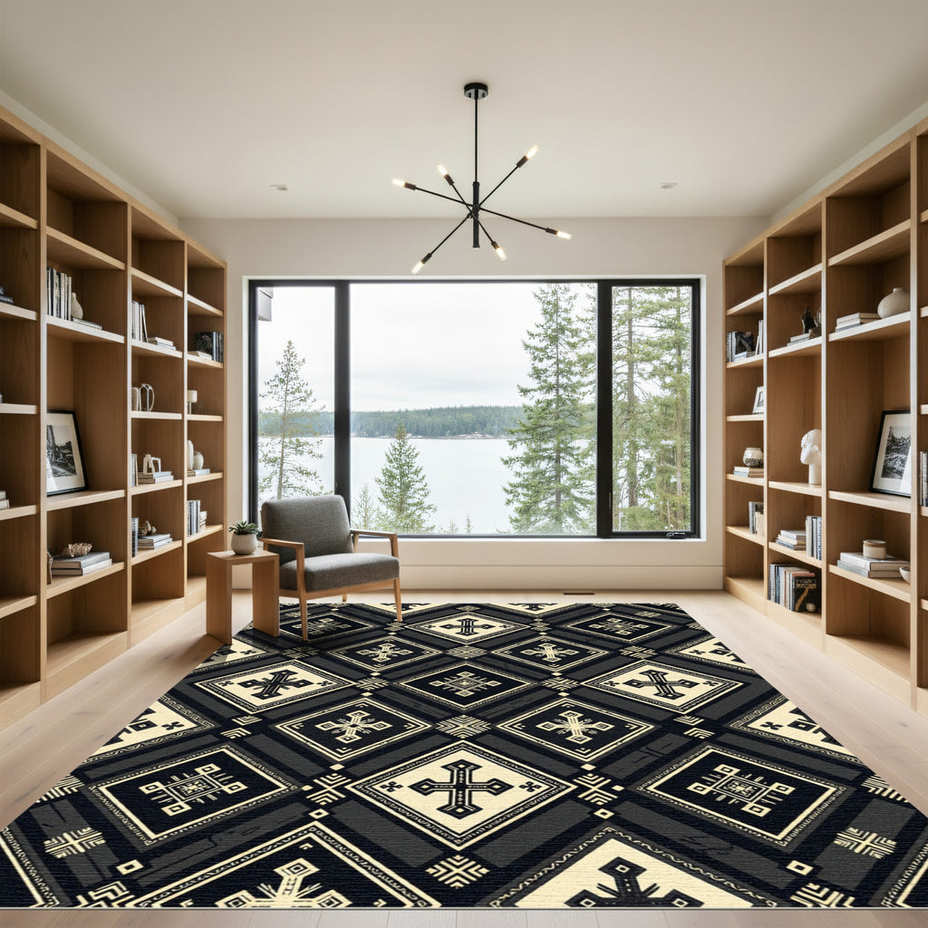 Monochromatic Black Beige Cross Geometric Medallion Rug
