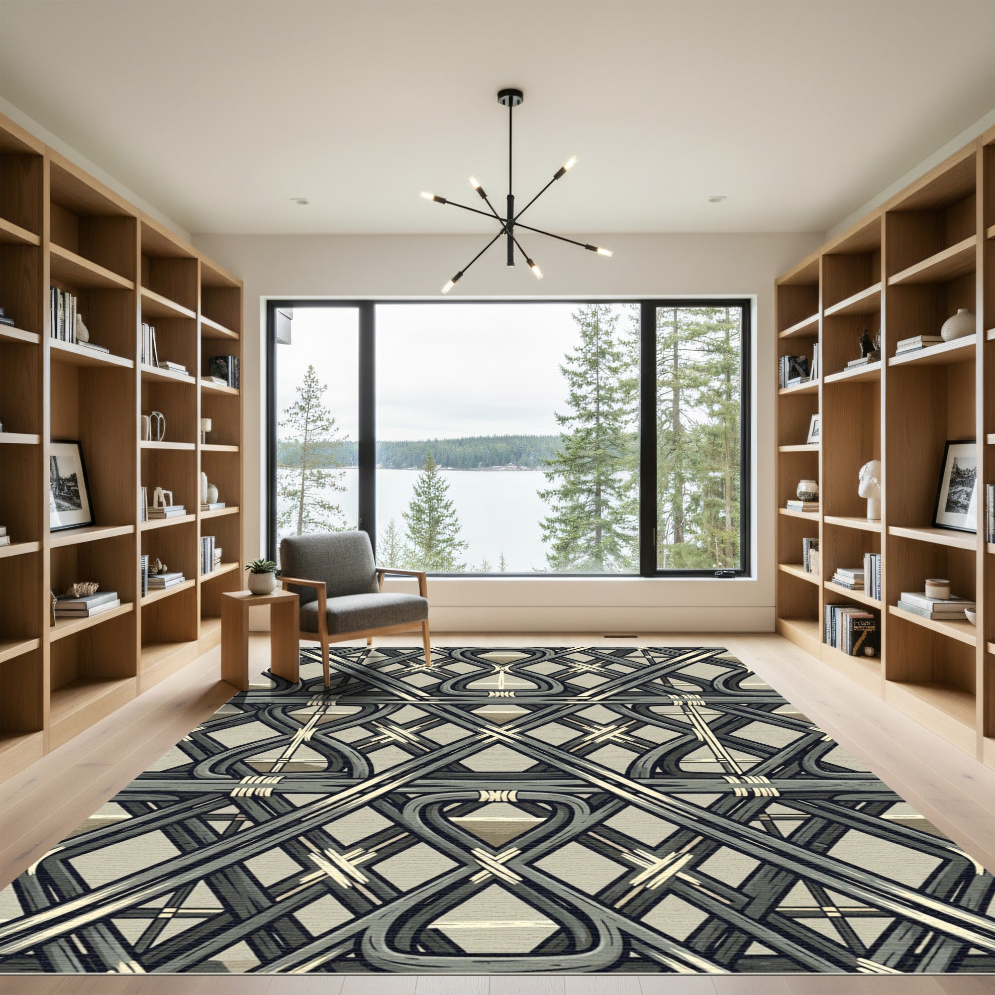 Grey Intertwined Lattice Geometric Rug