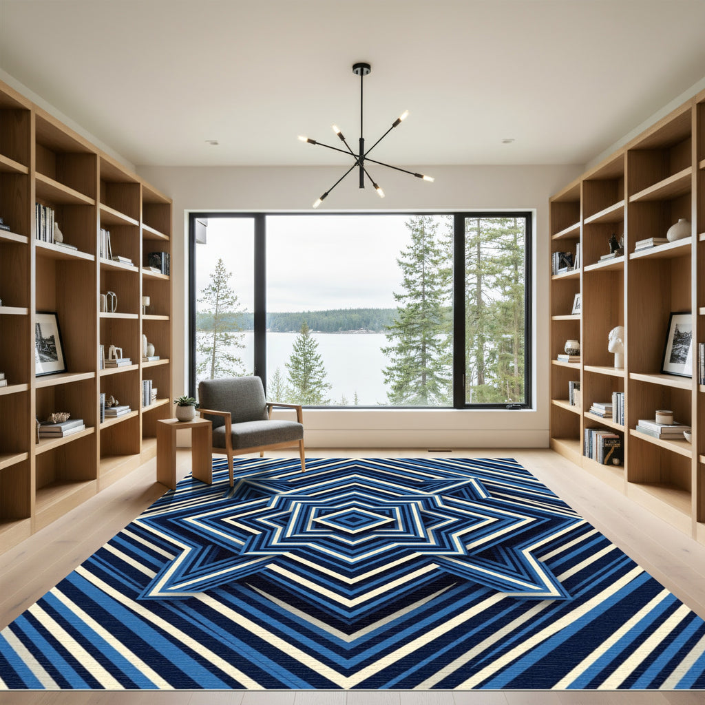 Geometric Navy Blue Star Layered Rug