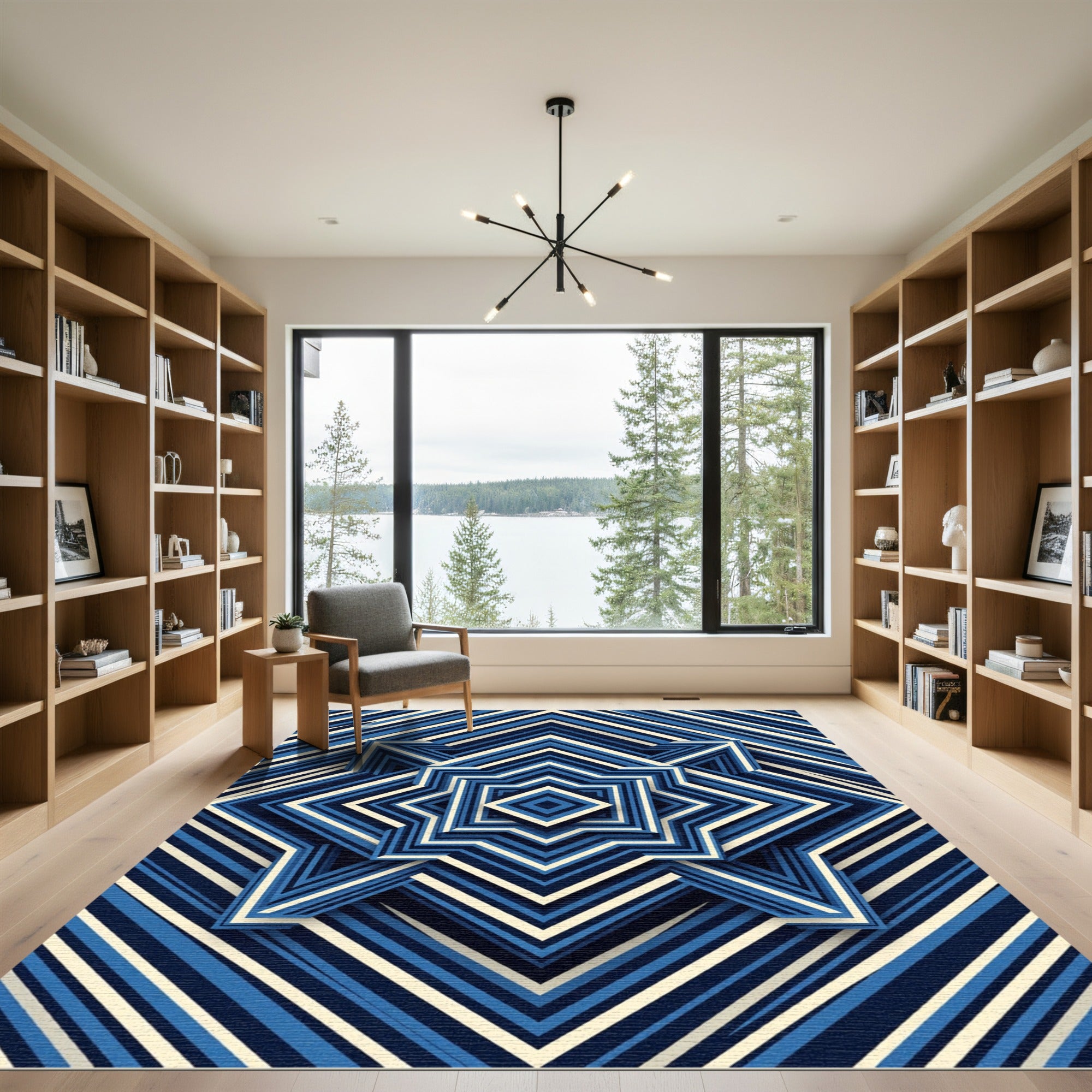 Geometric Navy Blue Star Layered Rug