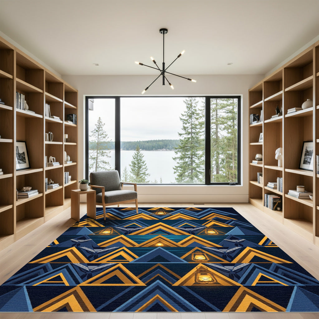 Geometric Golden Lantern Navy Mountain Rug