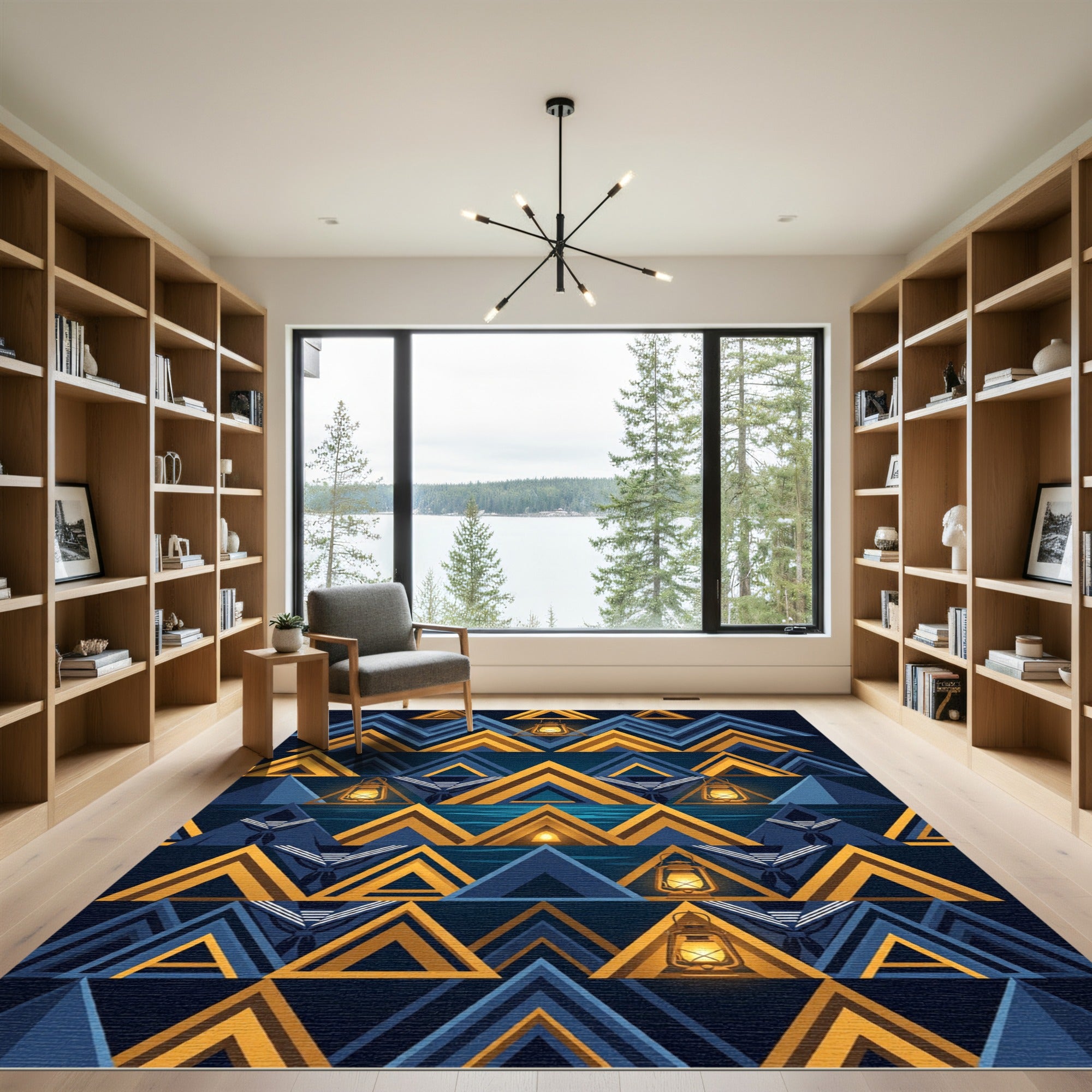 Geometric Golden Lantern Navy Mountain Rug