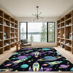 Playful Outer Space Galaxy Rocket Rug