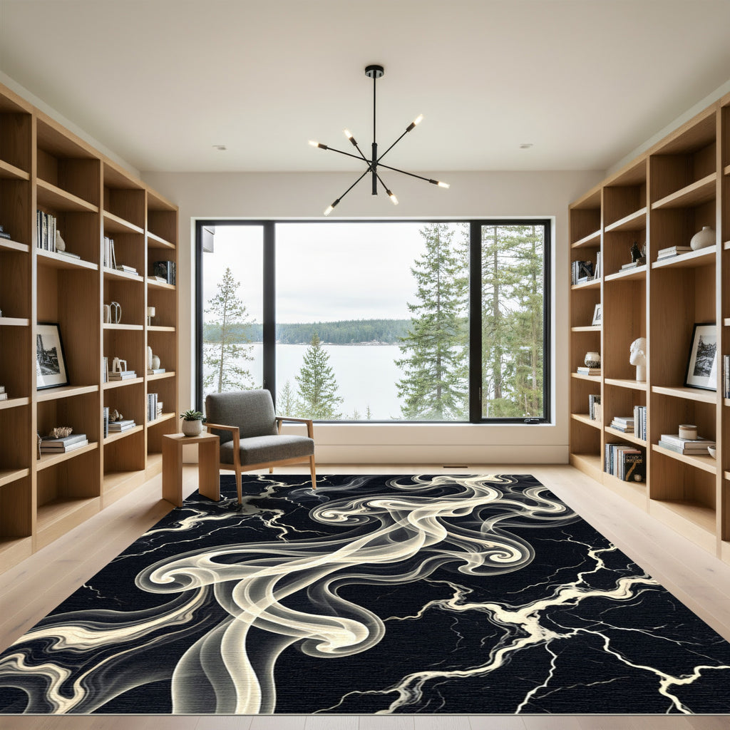 Monochromatic Abstract Swirl Marble Statement Rug