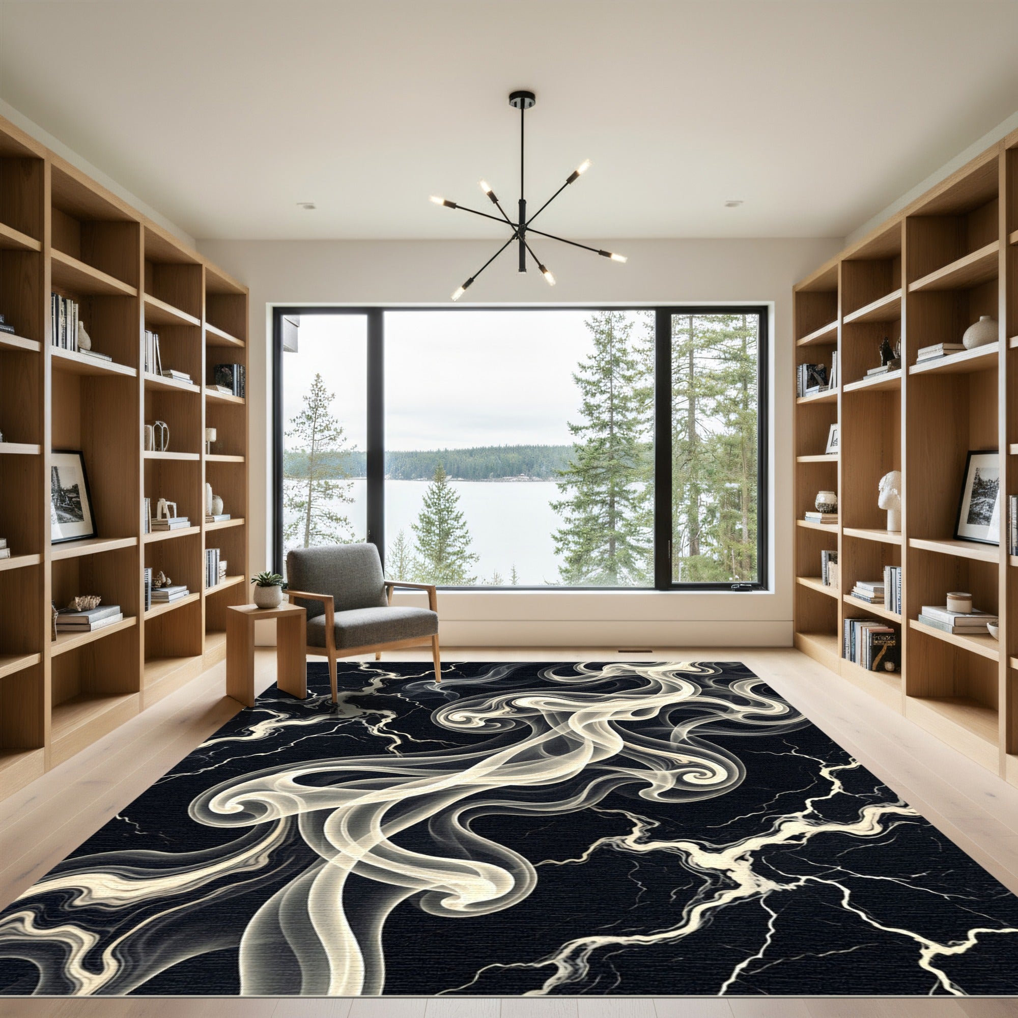 Monochromatic Abstract Swirl Marble Statement Rug