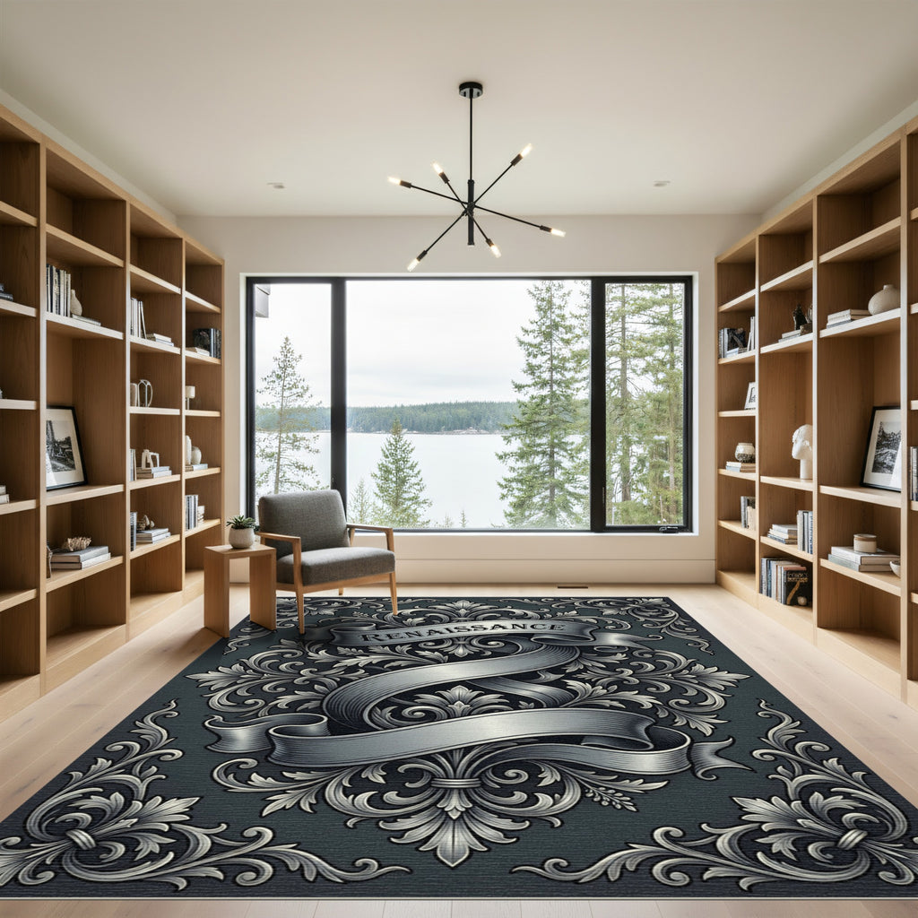 Ornate Renaissance Scrollwork Charcoal Rug