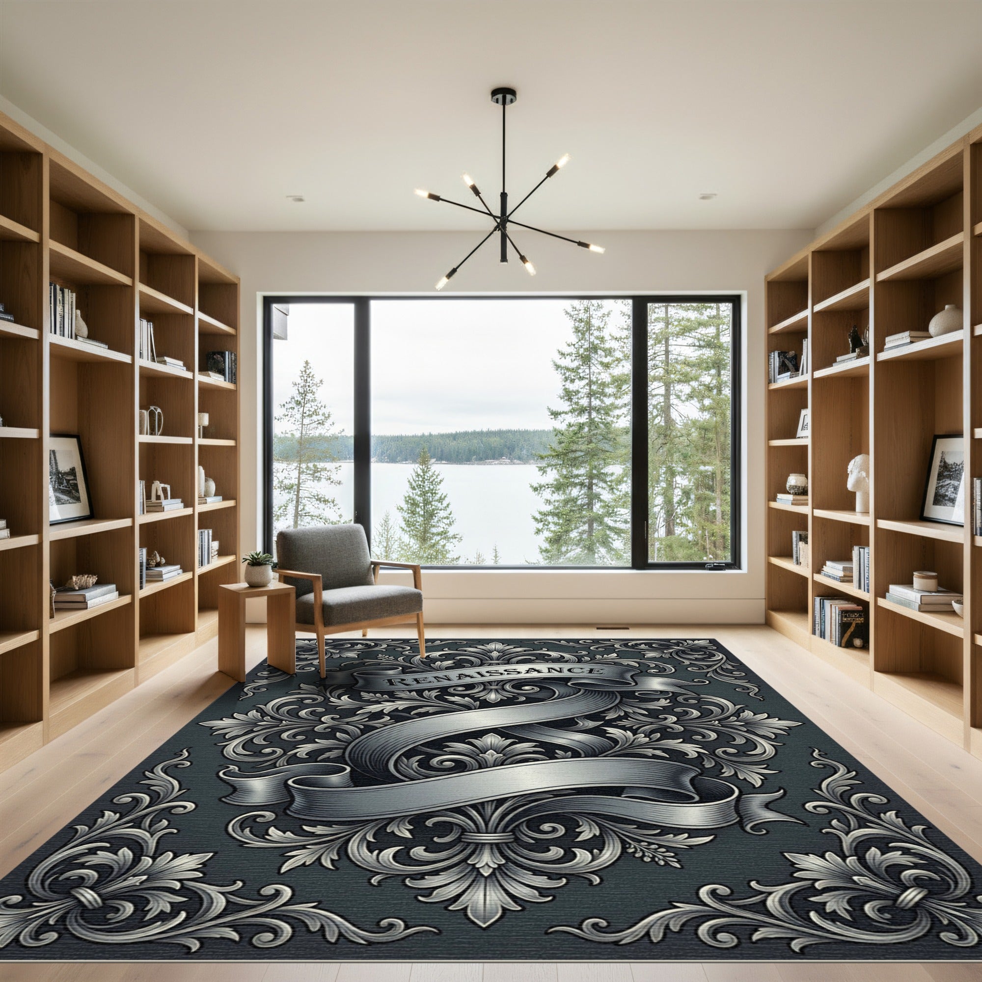 Ornate Renaissance Scrollwork Charcoal Rug