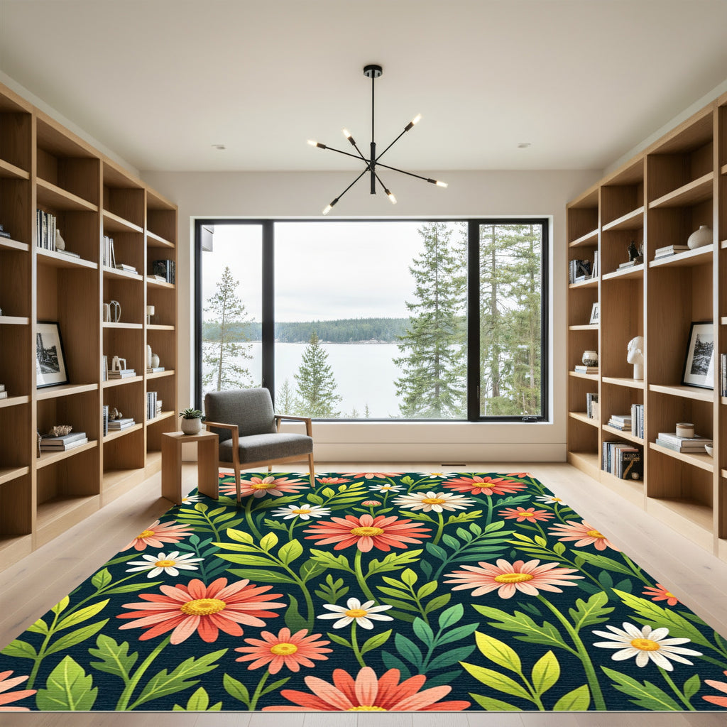 Vibrant Pink Daisy Meadow on Teal Rug