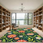 Vibrant Pink Daisy Meadow on Teal Rug