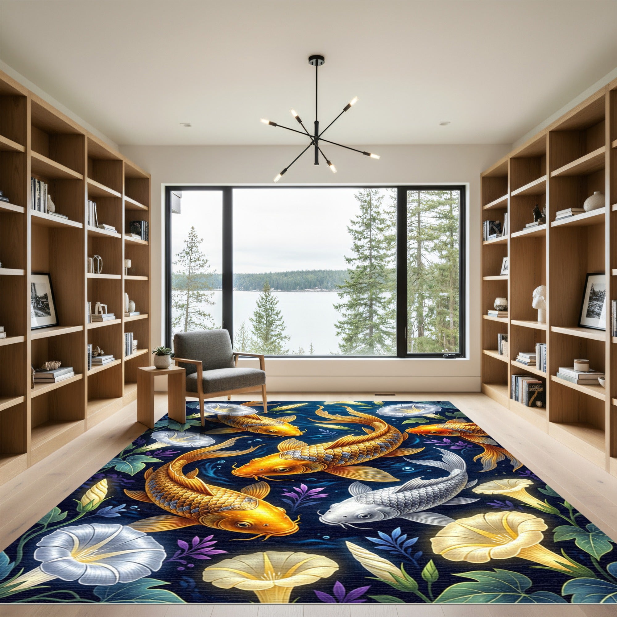 Golden Koi Fish Floral Morning Glory Rug