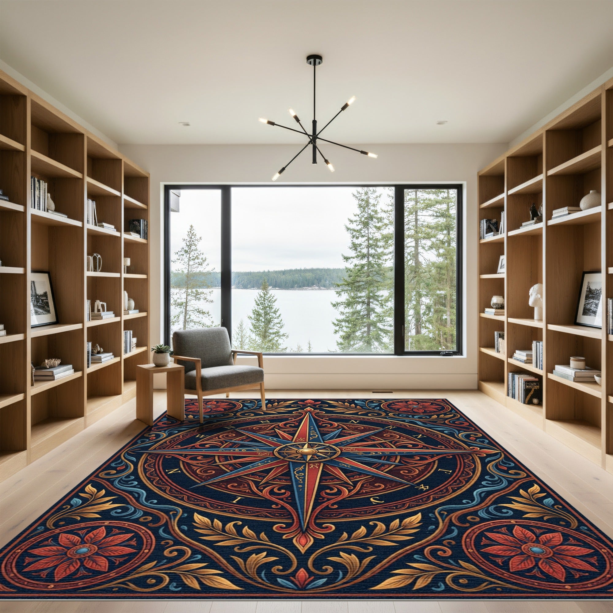Ornate Red Blue Compass Floral Rug