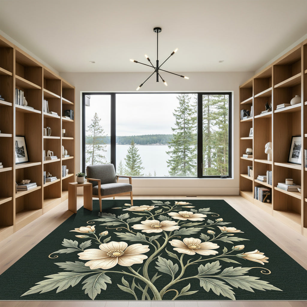 Elegant Pale Floral Arrangement on Dark Green Rug