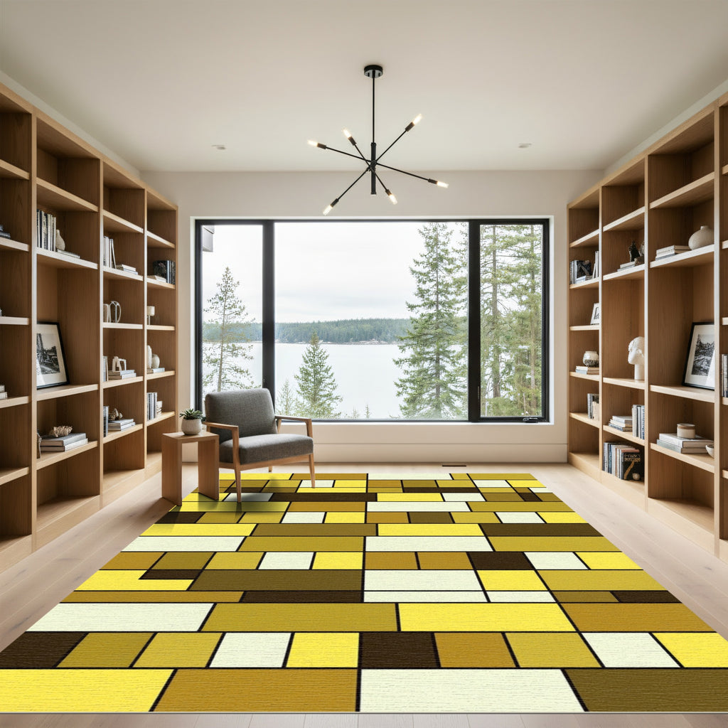 Geometric Golden Tones Abstract Grid Rug