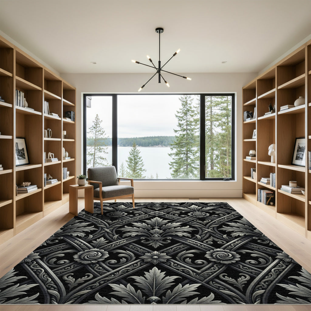 Ornate Gray Floral Lattice Rug