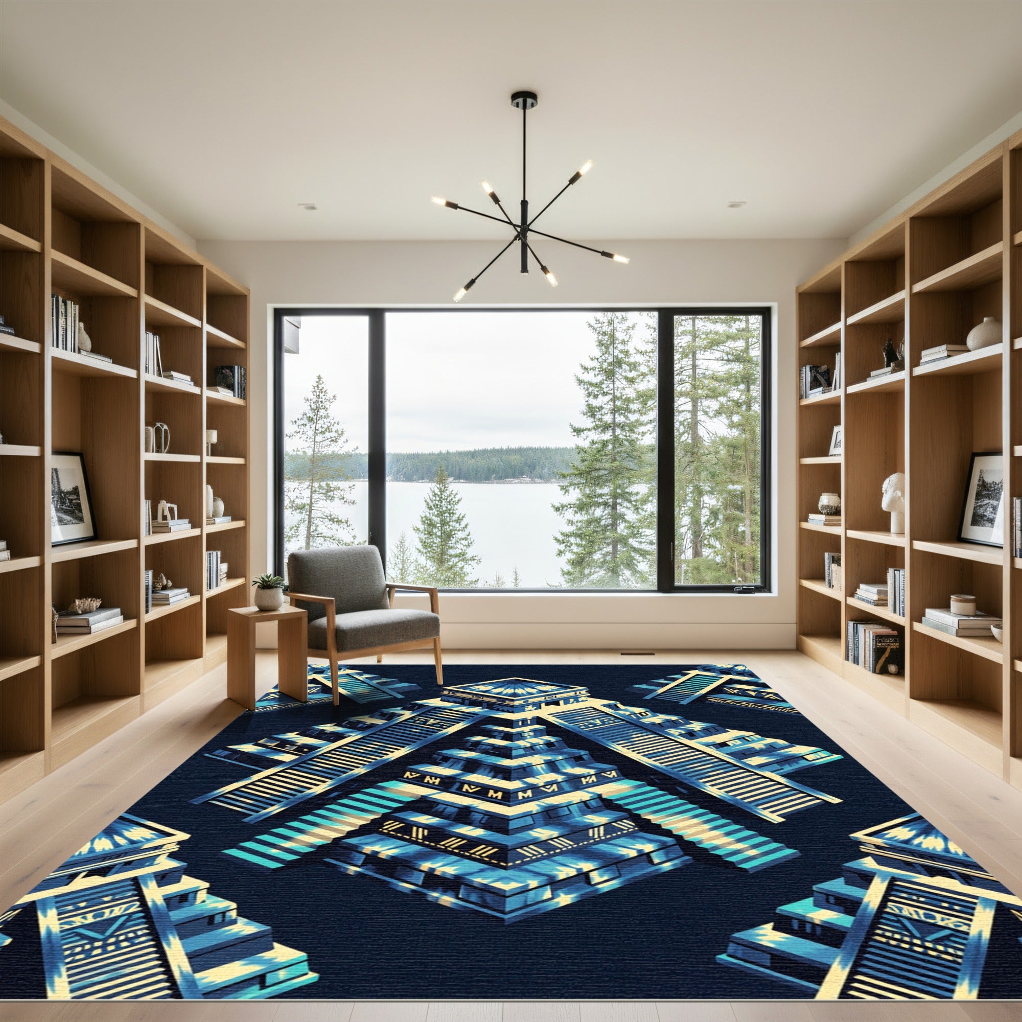 Electric Blue Isometric Ancestral Pyramid Art Rug