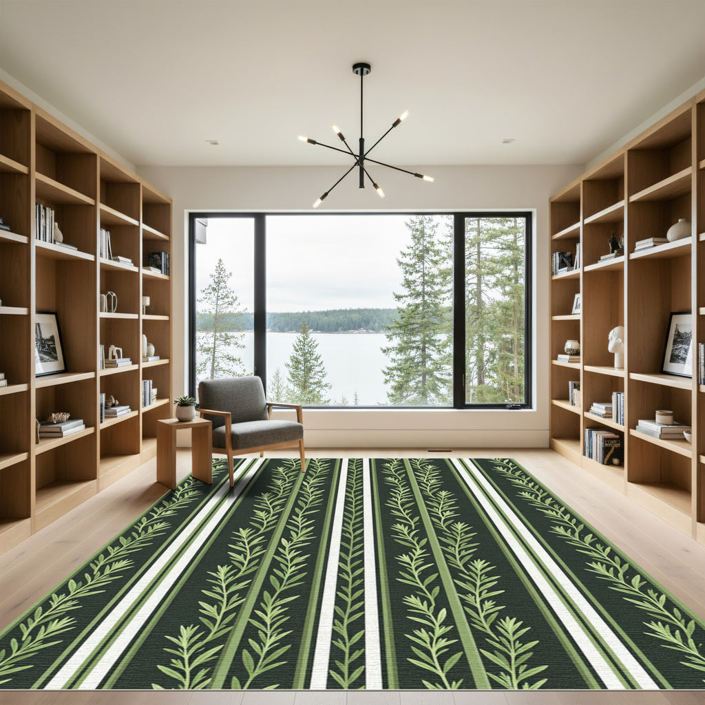 Earthy Green Botanical Striped Foliage Rug