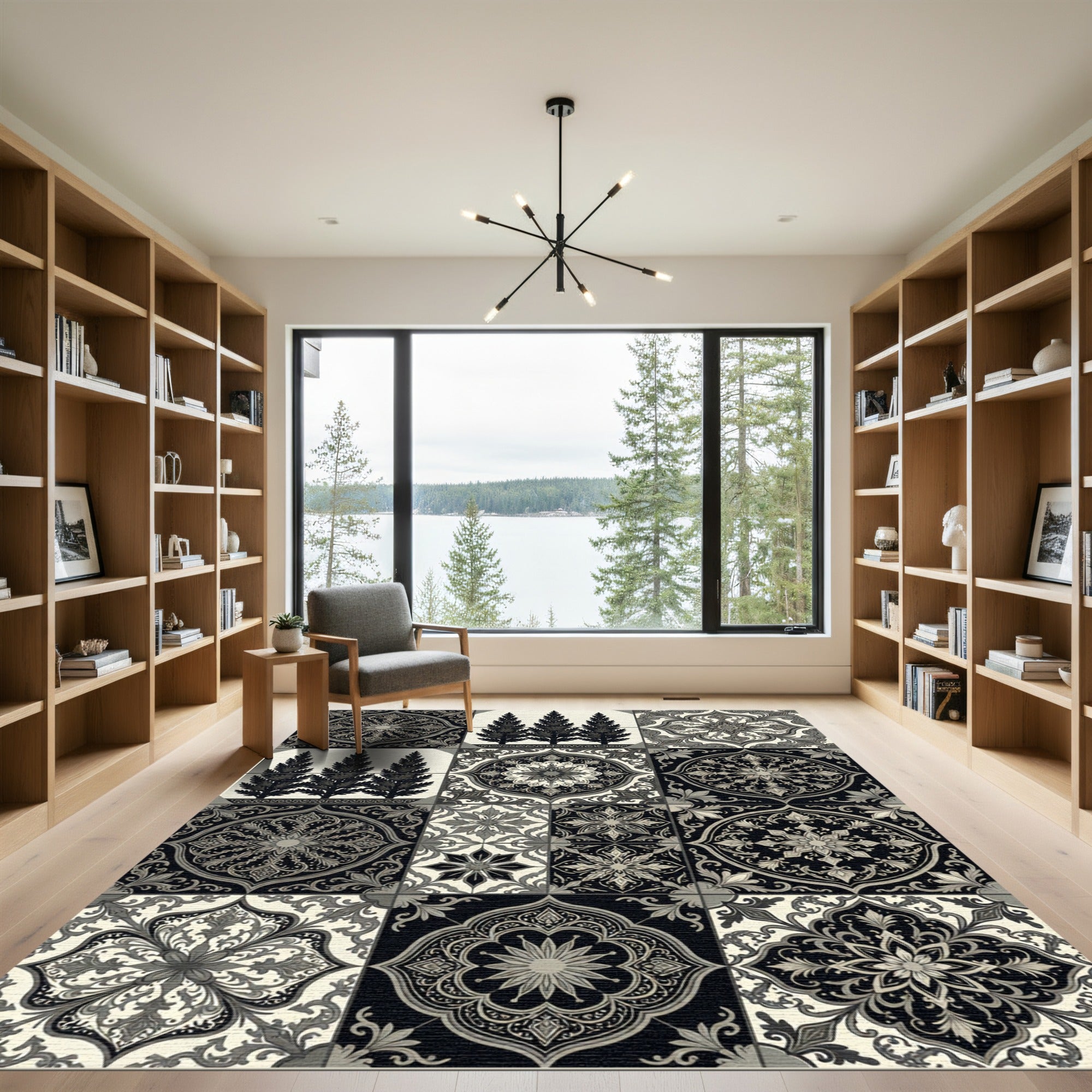 Monochromatic Filigree Tree Medallion Collage Rug