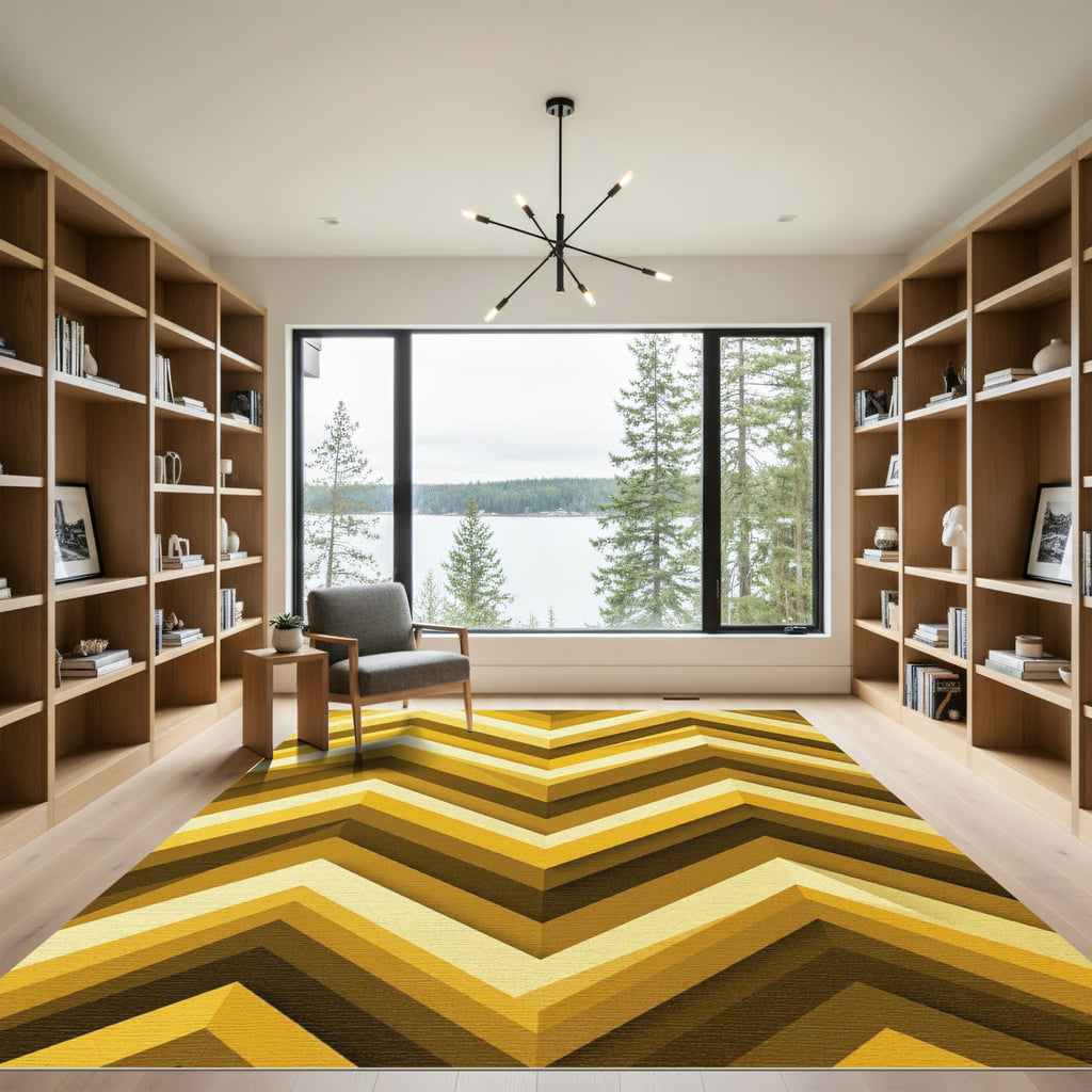 Golden Chevron Geometric Abstract Art Rug