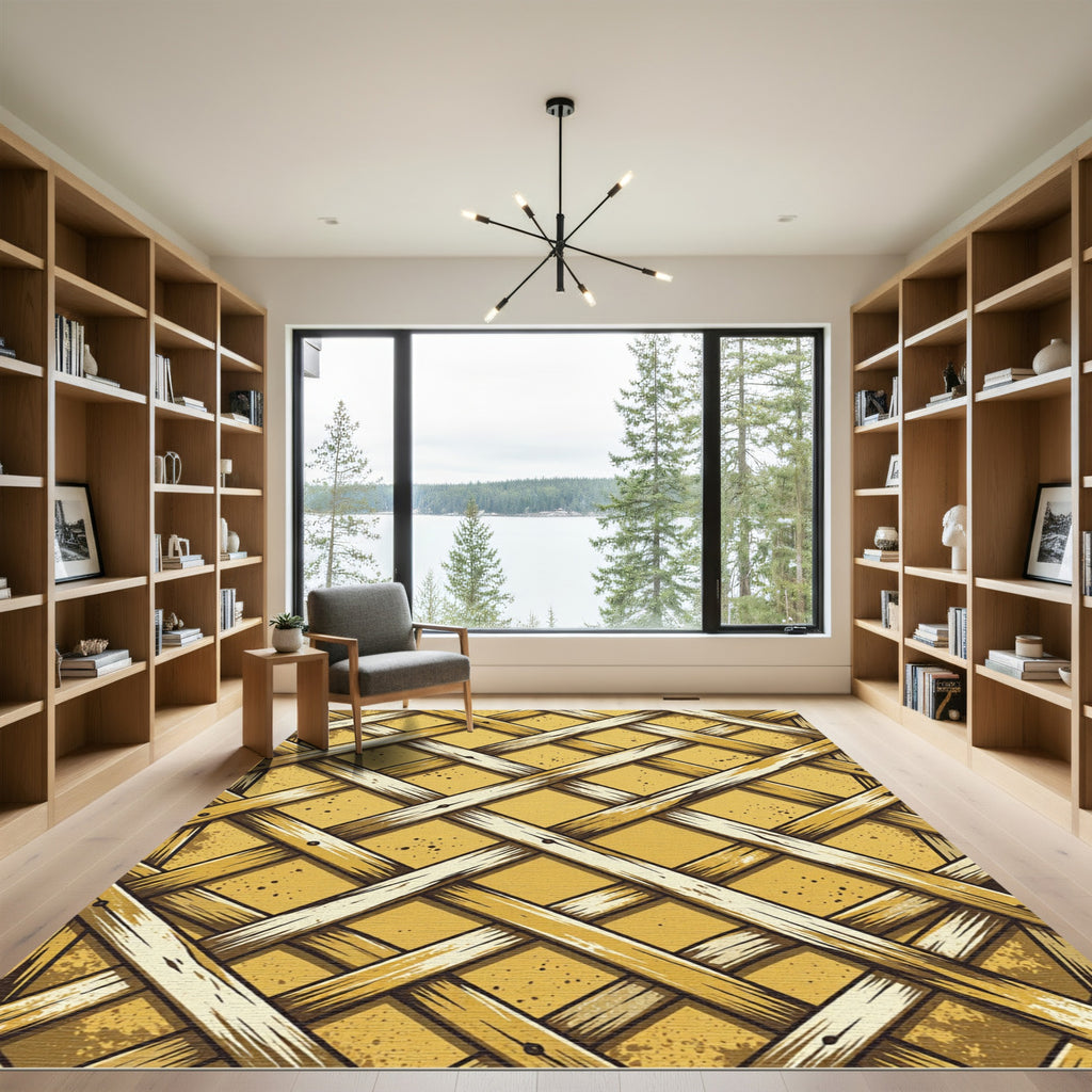 Golden Woven Lattice Geometric Grid Rug