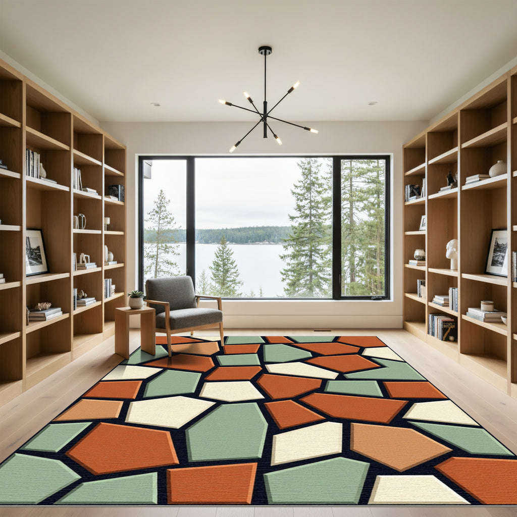 Modern Earthy Geometric Tiled Mosaic Rug