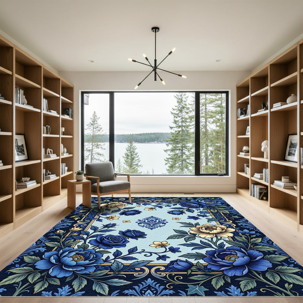 Elegant Floral Navy and Cream Rose Rug