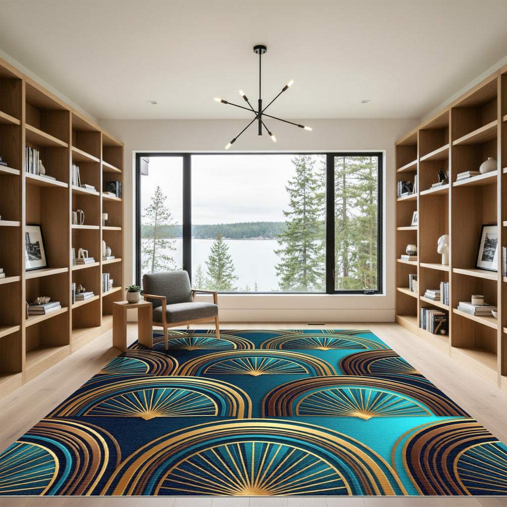 Art Deco Teal and Golden Fan Rug
