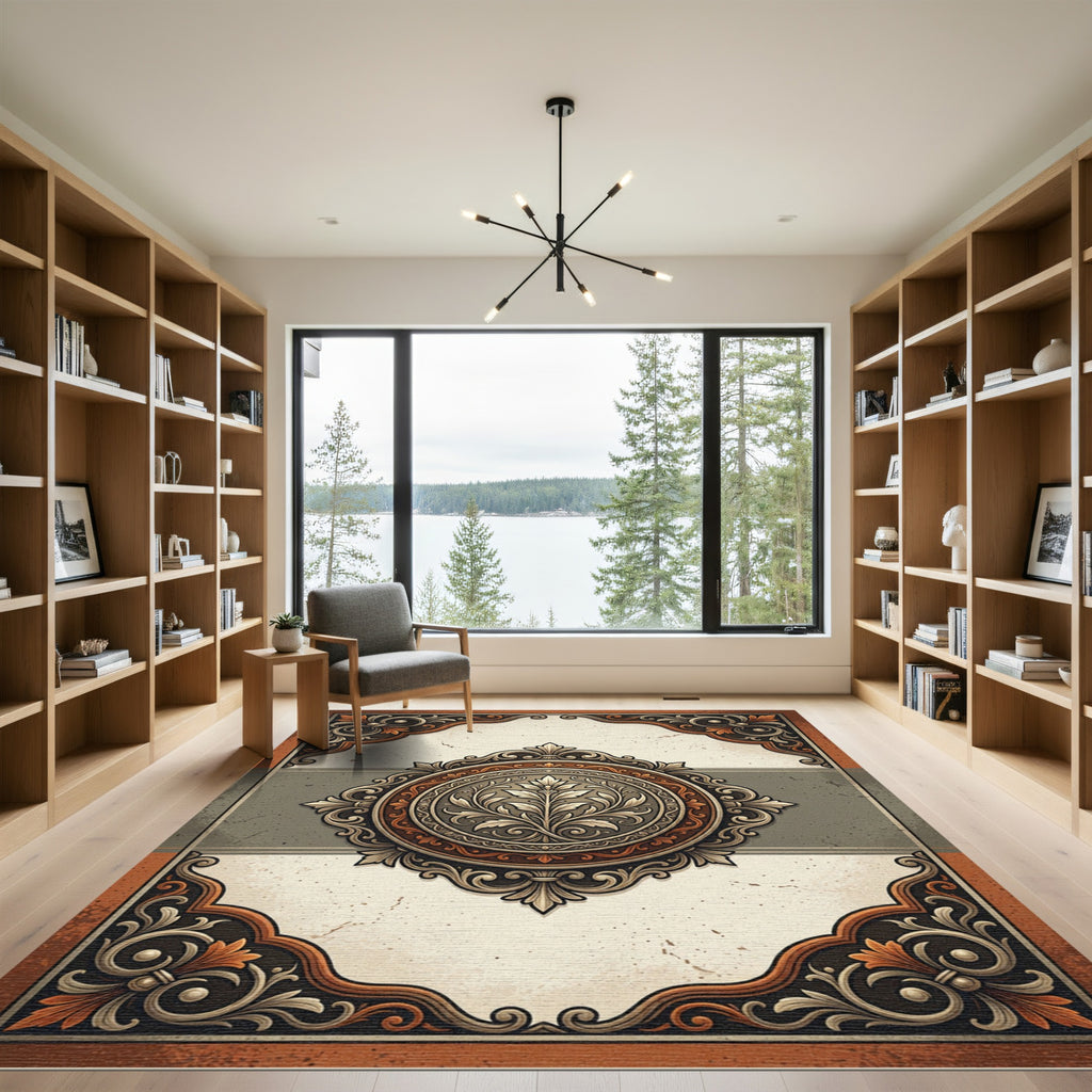Ornate Silver and Copper Floral Medallion Rug