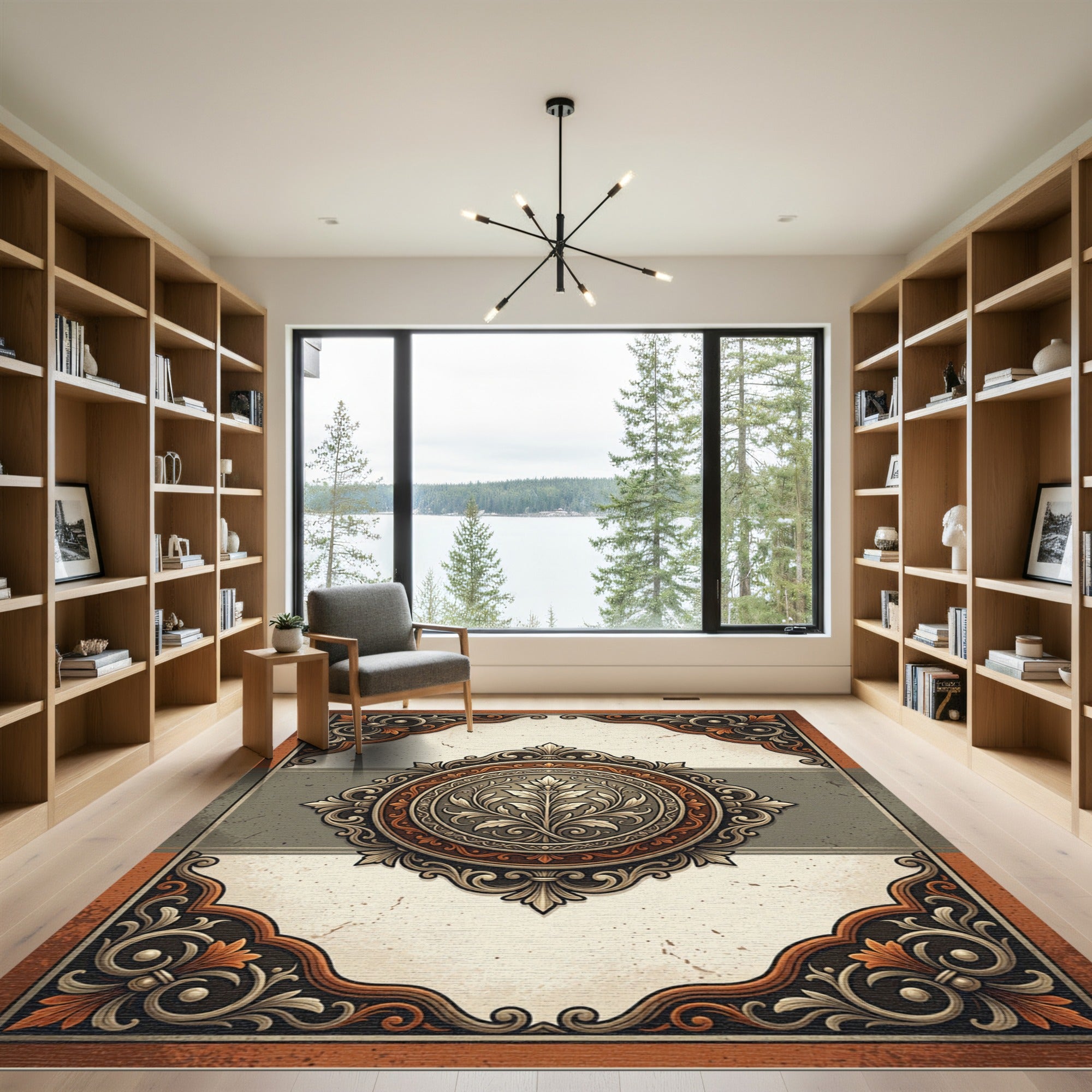 Ornate Silver and Copper Floral Medallion Rug
