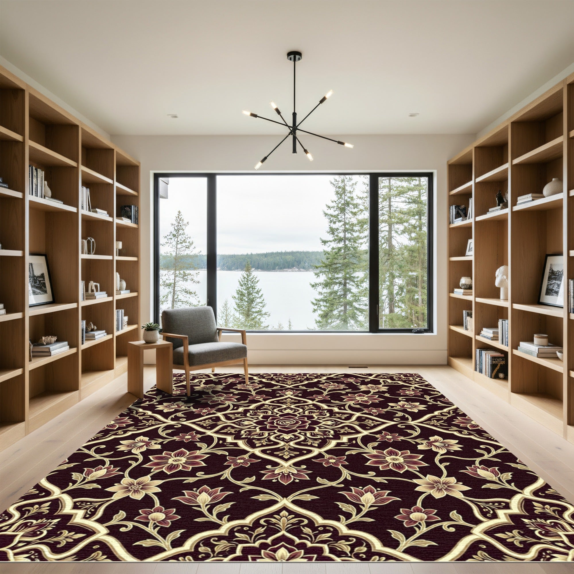 Elegant Floral Damask Ebony Gold Scroll Rug