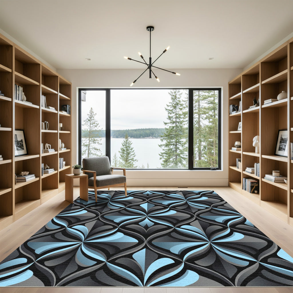 Sophisticated Blue and Charcoal Art Deco Lattice Rug