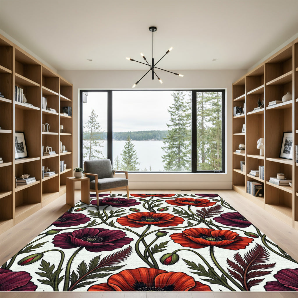Rich Burgundy Red Poppy Floral Rug