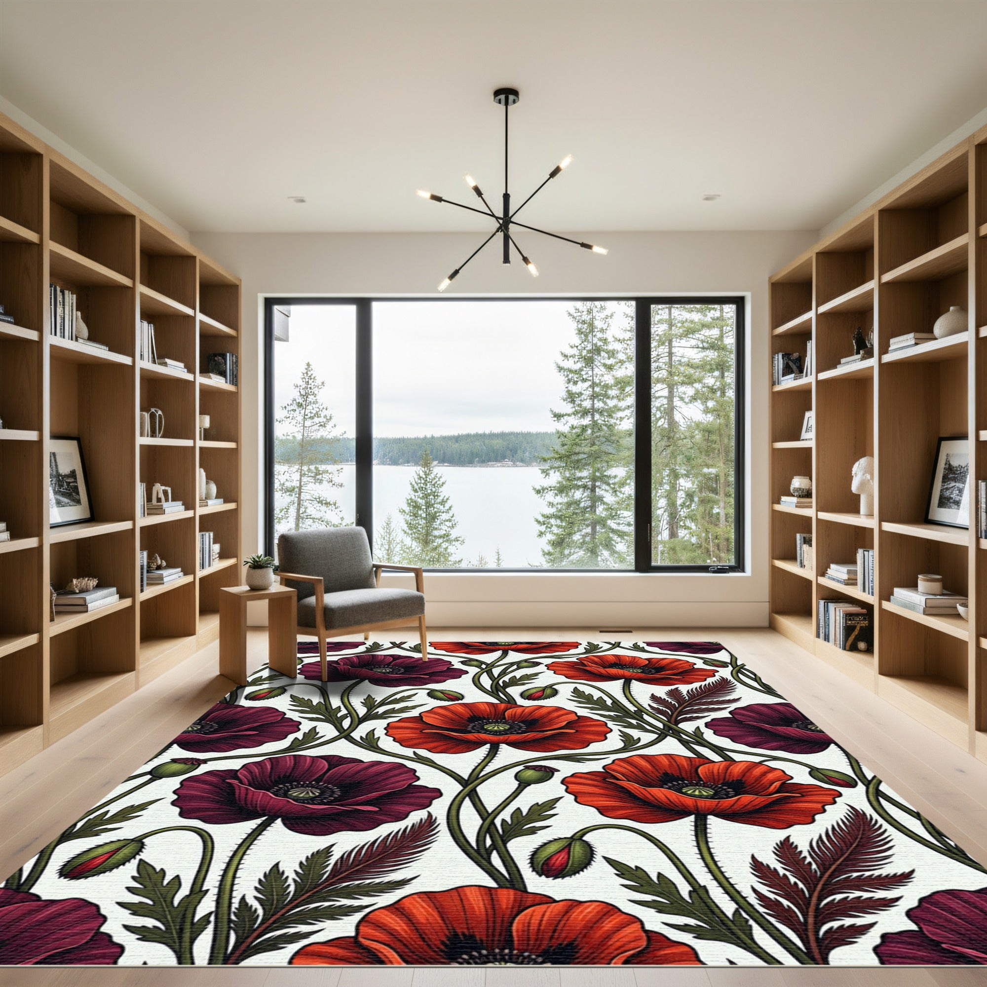 Rich Burgundy Red Poppy Floral Rug