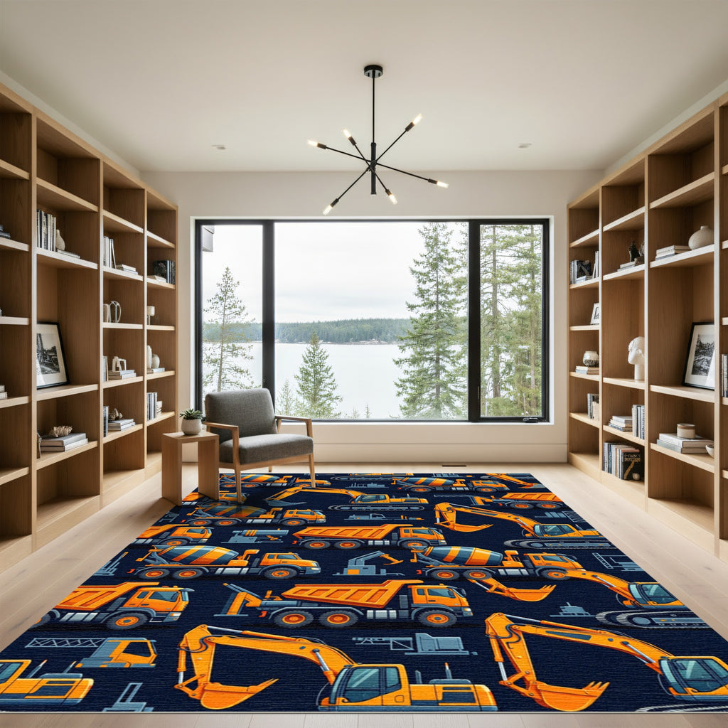 Vibrant Orange Construction Vehicle Fleet Rug