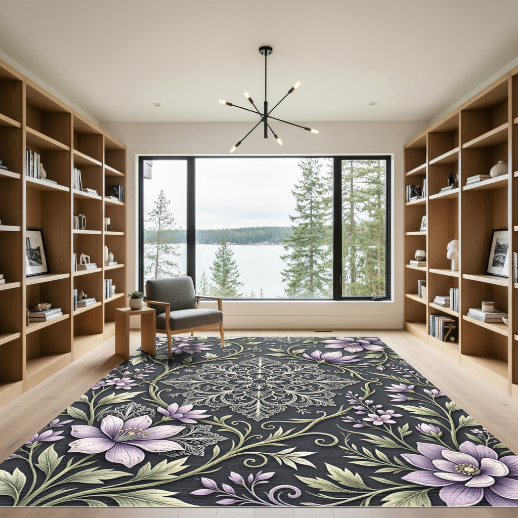Elegant Lavender Floral Lace Medallion Rug