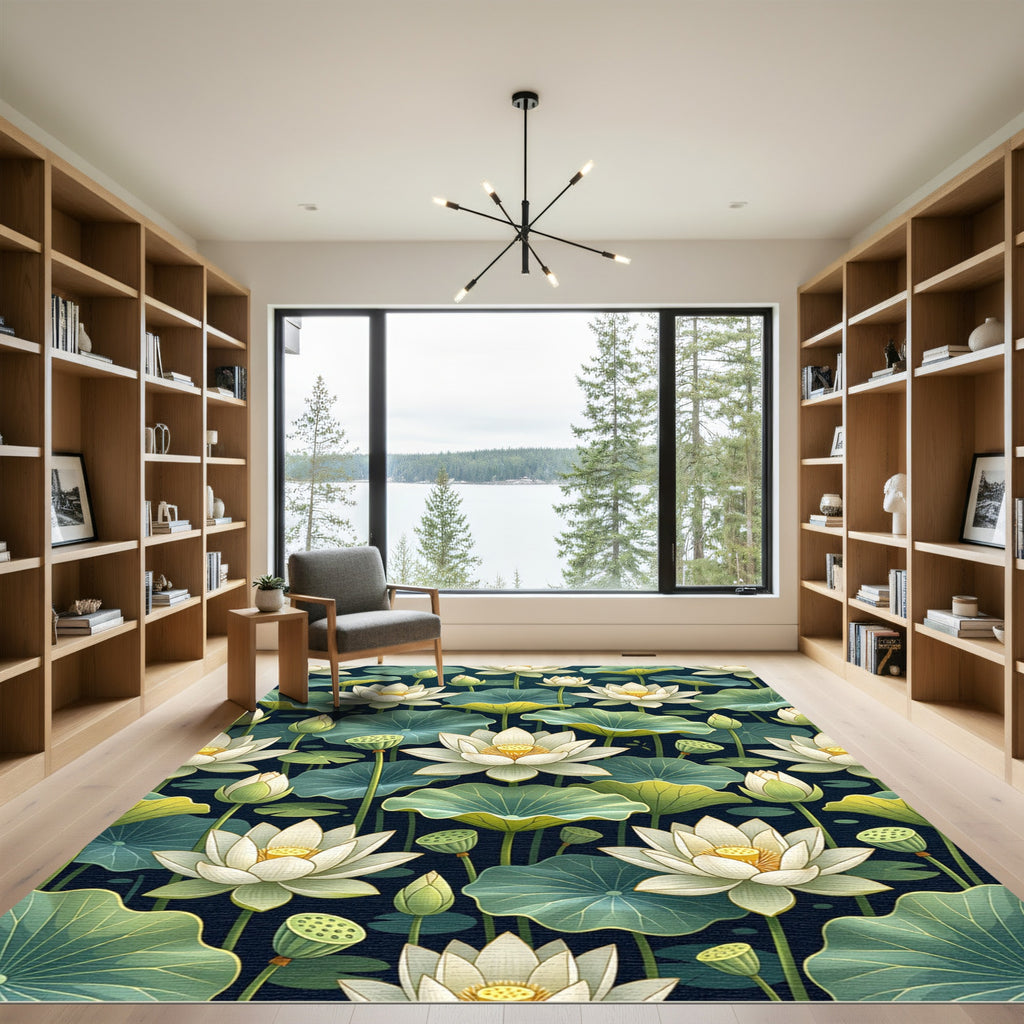 Ethereal White Lotus Dark Pond Rug