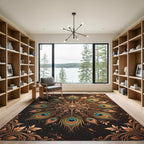Elegant Golden Peacock Feather Mandala Rug