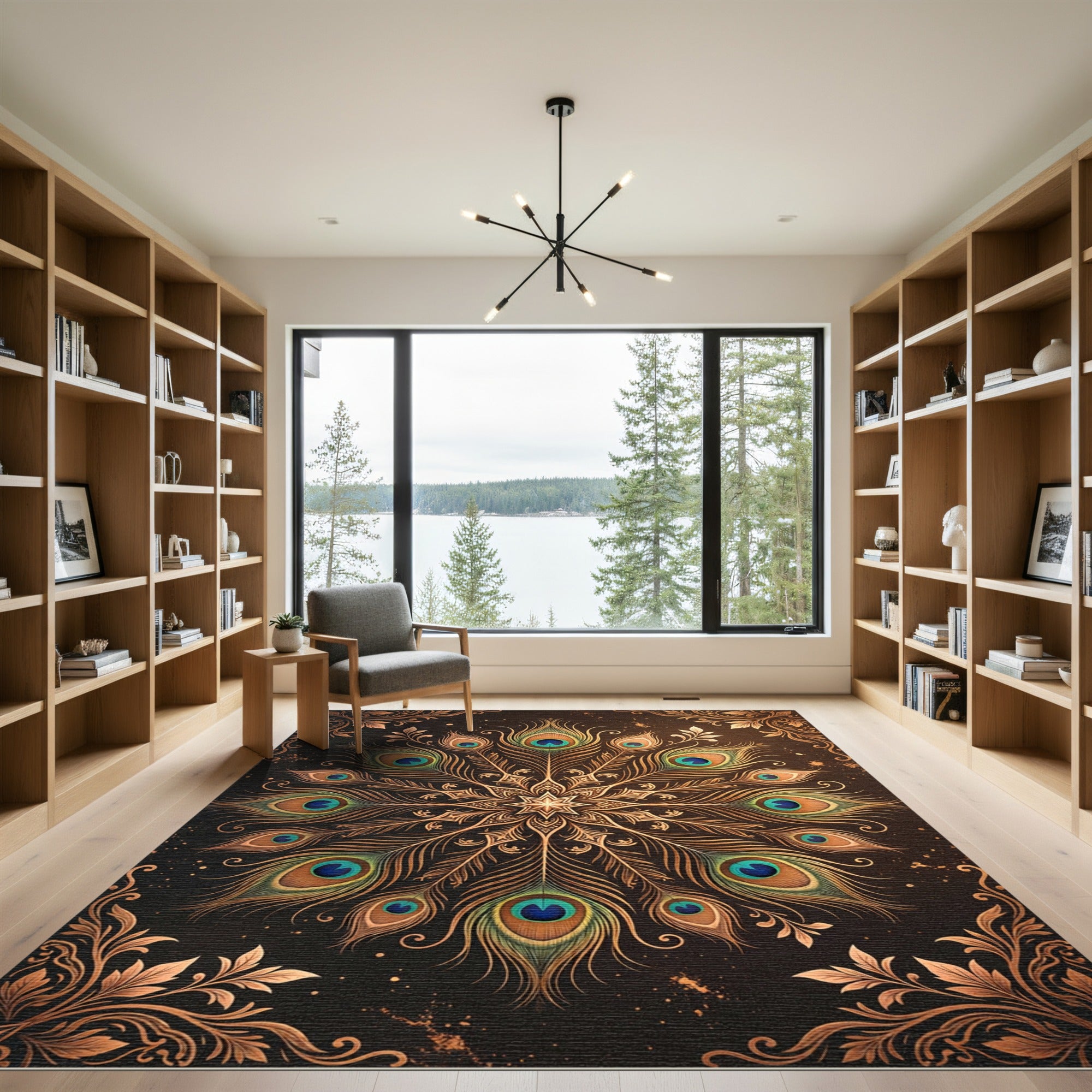 Elegant Golden Peacock Feather Mandala Rug